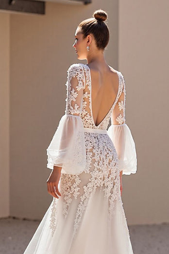 Ivory Tulle V-Neck Sweep Train A Line Corset Wedding Dress with Lace