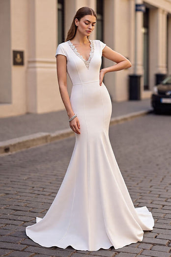 Ivory Mermaid Cap Sleeves Satin Sweep Train Wedding Dress with Lace