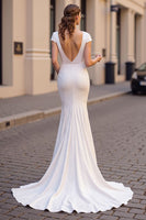 Load image into Gallery viewer, Ivory Mermaid Cap Sleeves Satin Sweep Train Wedding Dress with Lace