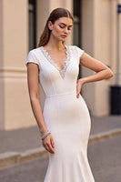 Load image into Gallery viewer, Ivory Mermaid Cap Sleeves Satin Sweep Train Wedding Dress with Lace
