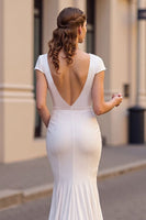 Load image into Gallery viewer, Ivory Mermaid Cap Sleeves Satin Sweep Train Wedding Dress with Lace