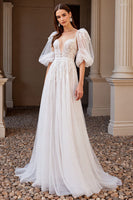 Load image into Gallery viewer, Ivory Boho Half Sleeves Sweep Train Tulle Wedding Dress with Appliques