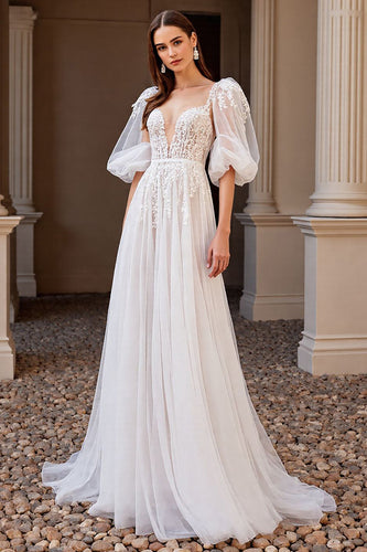Ivory Boho Half Sleeves Sweep Train Tulle Wedding Dress with Appliques