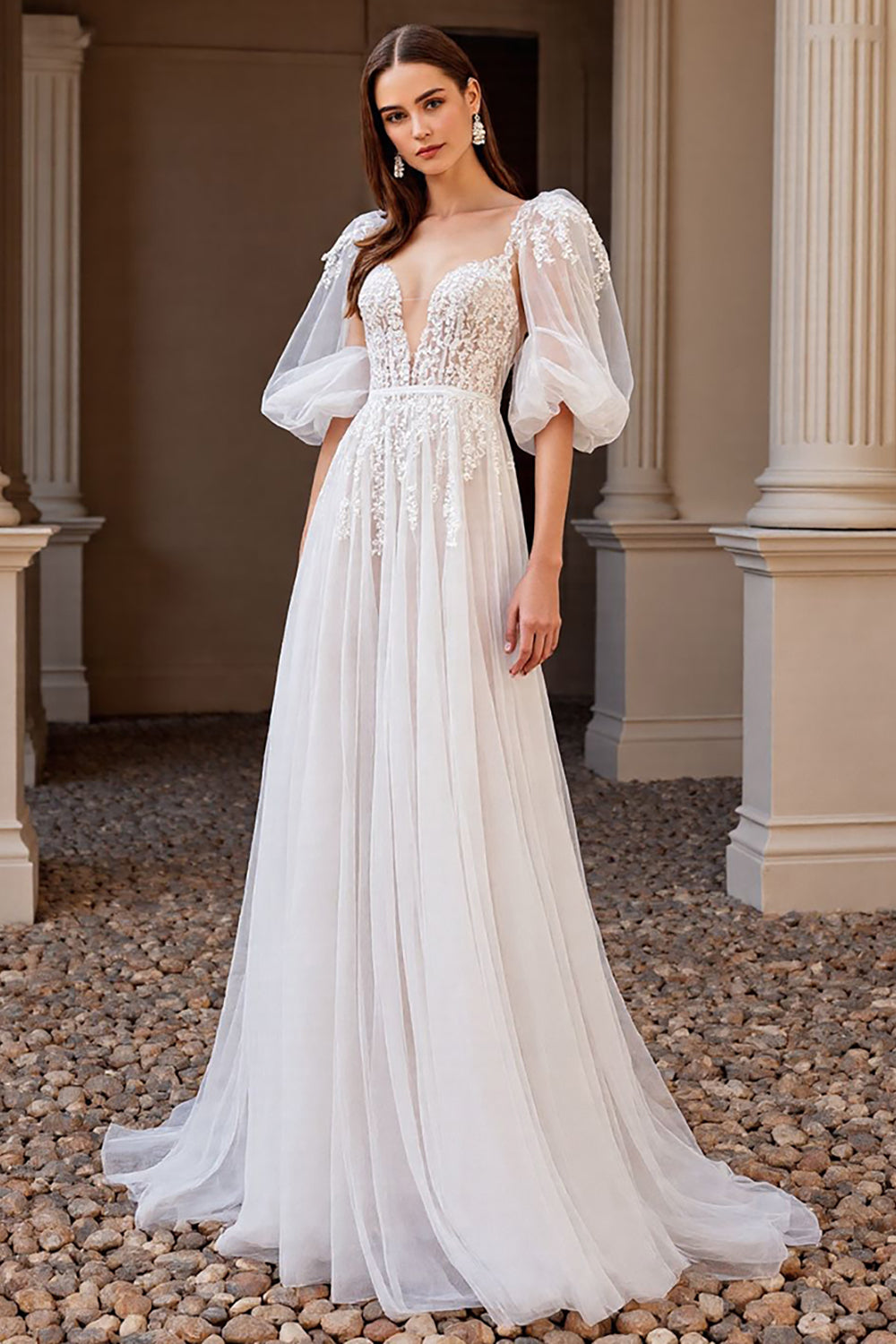 Ivory Boho Half Sleeves Sweep Train Tulle Wedding Dress with Appliques