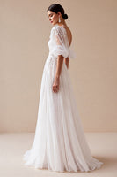 Load image into Gallery viewer, Ivory Boho Half Sleeves Sweep Train Tulle Wedding Dress with Appliques