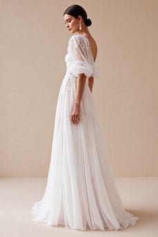 Ivory Boho Half Sleeves Sweep Train Tulle Wedding Dress with Appliques