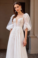 Load image into Gallery viewer, Ivory Boho Half Sleeves Sweep Train Tulle Wedding Dress with Appliques
