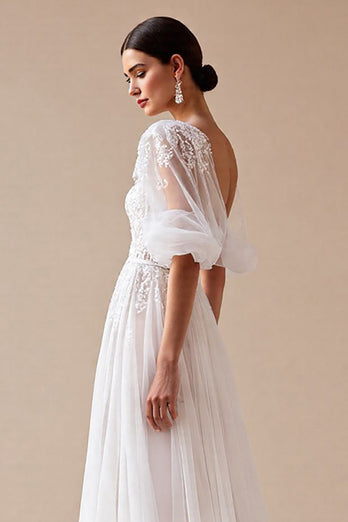 Ivory Boho Half Sleeves Sweep Train Tulle Wedding Dress with Appliques