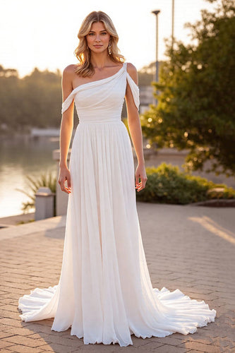 Ivory A Line Boho Ruched Sweep Train Chiffon Wedding Dress