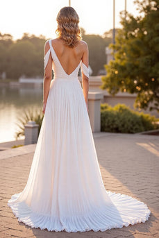 Ivory A Line Boho Ruched Sweep Train Chiffon Wedding Dress