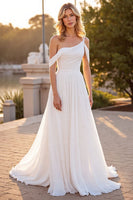 Load image into Gallery viewer, Ivory A Line Boho Ruched Sweep Train Chiffon Wedding Dress