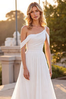 Load image into Gallery viewer, Ivory A Line Boho Ruched Sweep Train Chiffon Wedding Dress