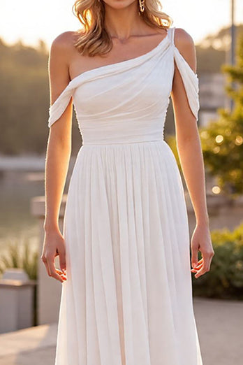 Ivory A Line Boho Ruched Sweep Train Chiffon Wedding Dress