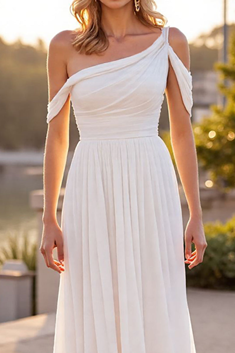 Load image into Gallery viewer, Ivory A Line Boho Ruched Sweep Train Chiffon Wedding Dress