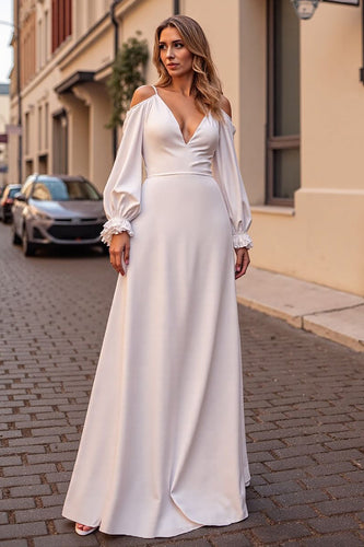 Ivory Satin Boho Sweep Train Wedding Dress with Long Sleeves