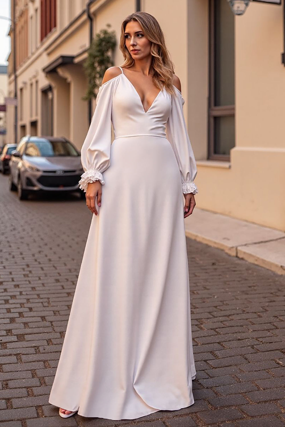 Ivory Satin Boho Sweep Train Wedding Dress with Long Sleeves