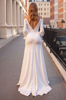 Load image into Gallery viewer, Ivory Satin Boho Sweep Train Wedding Dress with Long Sleeves