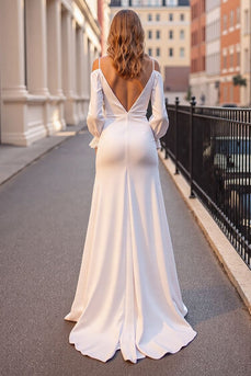 Ivory Satin Boho Sweep Train Wedding Dress with Long Sleeves