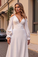 Load image into Gallery viewer, Ivory Satin Boho Sweep Train Wedding Dress with Long Sleeves