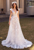 Load image into Gallery viewer, Ivory Cap Sleeves Tulle Sweep Train Wedding Dress with Appliques