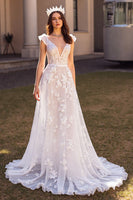 Load image into Gallery viewer, Ivory Cap Sleeves Tulle Sweep Train Wedding Dress with Appliques