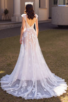 Load image into Gallery viewer, Ivory Cap Sleeves Tulle Sweep Train Wedding Dress with Appliques
