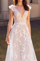 Load image into Gallery viewer, Ivory Cap Sleeves Tulle Sweep Train Wedding Dress with Appliques