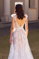 Load image into Gallery viewer, Ivory Cap Sleeves Tulle Sweep Train Wedding Dress with Appliques