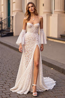 Load image into Gallery viewer, Ivory Mermaid Lace Boho Sweep Train Wedding Dress with Sleeves