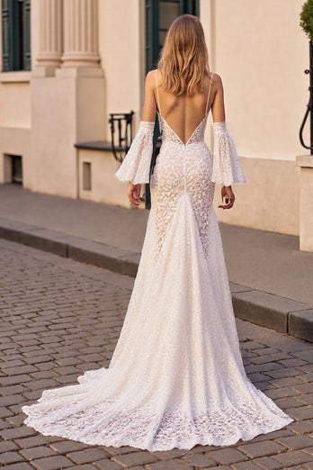 Ivory Mermaid Lace Boho Sweep Train Wedding Dress with Sleeves