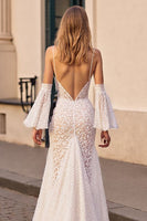 Load image into Gallery viewer, Ivory Mermaid Lace Boho Sweep Train Wedding Dress with Sleeves