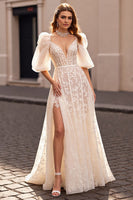 Load image into Gallery viewer, Ivory Lace Sweep Train Corset Wedding Dress with Sleeves