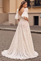 Load image into Gallery viewer, Ivory Lace Sweep Train Corset Wedding Dress with Sleeves