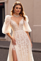 Load image into Gallery viewer, Ivory Lace Sweep Train Corset Wedding Dress with Sleeves