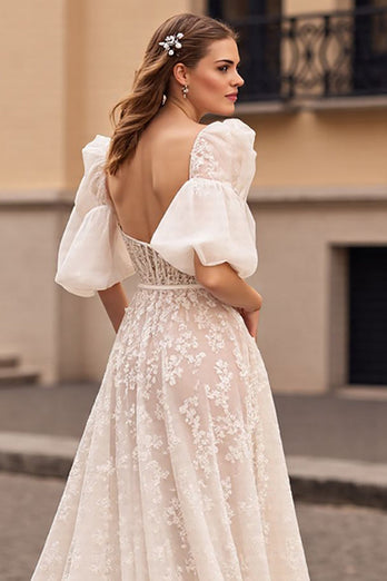 Ivory Lace Sweep Train Corset Wedding Dress with Sleeves