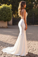 Load image into Gallery viewer, Ivory Satin Mermaid V-Neck Sweep Train Wedding Dress with Slit