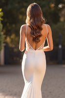 Load image into Gallery viewer, Ivory Satin Mermaid V-Neck Sweep Train Wedding Dress with Slit