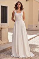 Load image into Gallery viewer, Ivory Satin A Line Scoop Neck Boho Wedding Dress with Appliques
