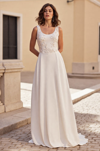 Ivory Satin A Line Scoop Neck Boho Wedding Dress with Appliques