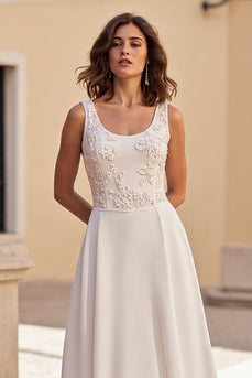 Ivory Satin A Line Scoop Neck Boho Wedding Dress with Appliques