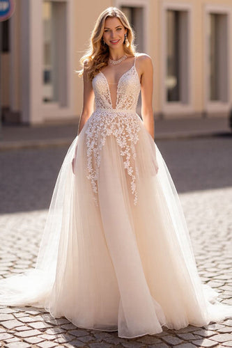 Ivory Spaghetti Straps Tulle Sweep Train Wedding Dress with Appliques
