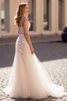 Load image into Gallery viewer, Ivory Spaghetti Straps Tulle Sweep Train Wedding Dress with Appliques