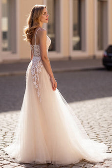 Ivory Spaghetti Straps Tulle Sweep Train Wedding Dress with Appliques