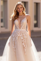 Load image into Gallery viewer, Ivory Spaghetti Straps Tulle Sweep Train Wedding Dress with Appliques