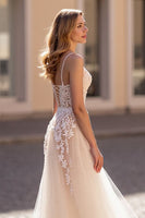 Load image into Gallery viewer, Ivory Spaghetti Straps Tulle Sweep Train Wedding Dress with Appliques