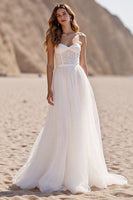 Load image into Gallery viewer, Ivory Sweetheart Tulle Sweep Train Corset Wedding Dress with Lace