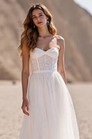 Load image into Gallery viewer, Ivory Sweetheart Tulle Sweep Train Corset Wedding Dress with Lace