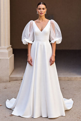 Ivory Satin V-Neck Puff Sleeves A Line Sweep Train Wedding Dress