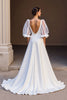 Load image into Gallery viewer, Ivory Satin V-Neck Puff Sleeves A Line Sweep Train Wedding Dress