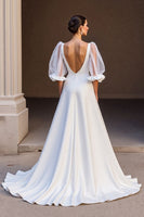 Load image into Gallery viewer, Ivory Satin V-Neck Puff Sleeves A Line Sweep Train Wedding Dress